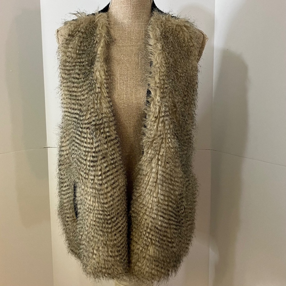 Vintage Faux fur animal print vest tunic length /crochet back black panel L-XL